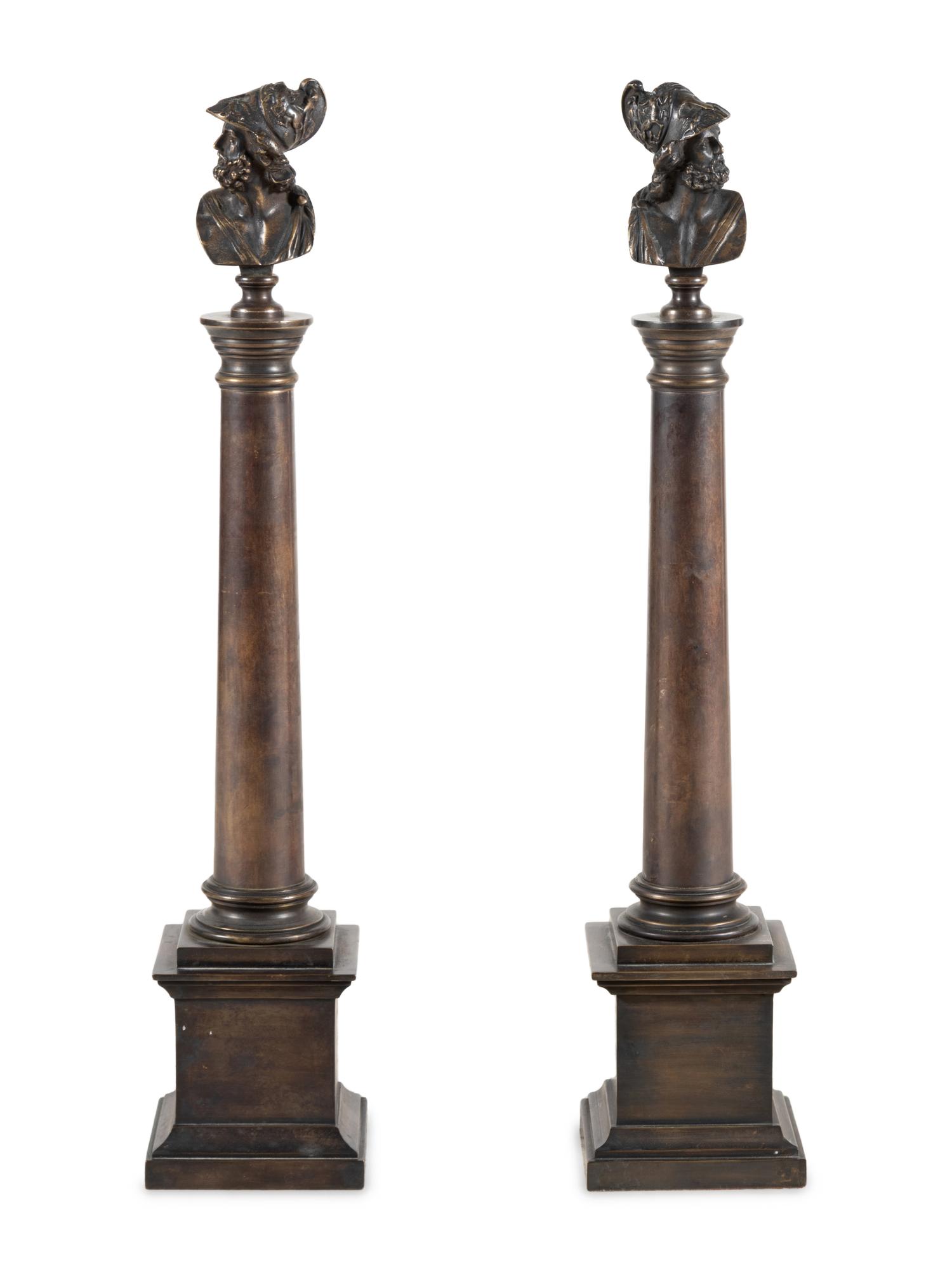 A Pair of Grand Tour Patinated Bronze Columns with Busts of Roman Soldiers