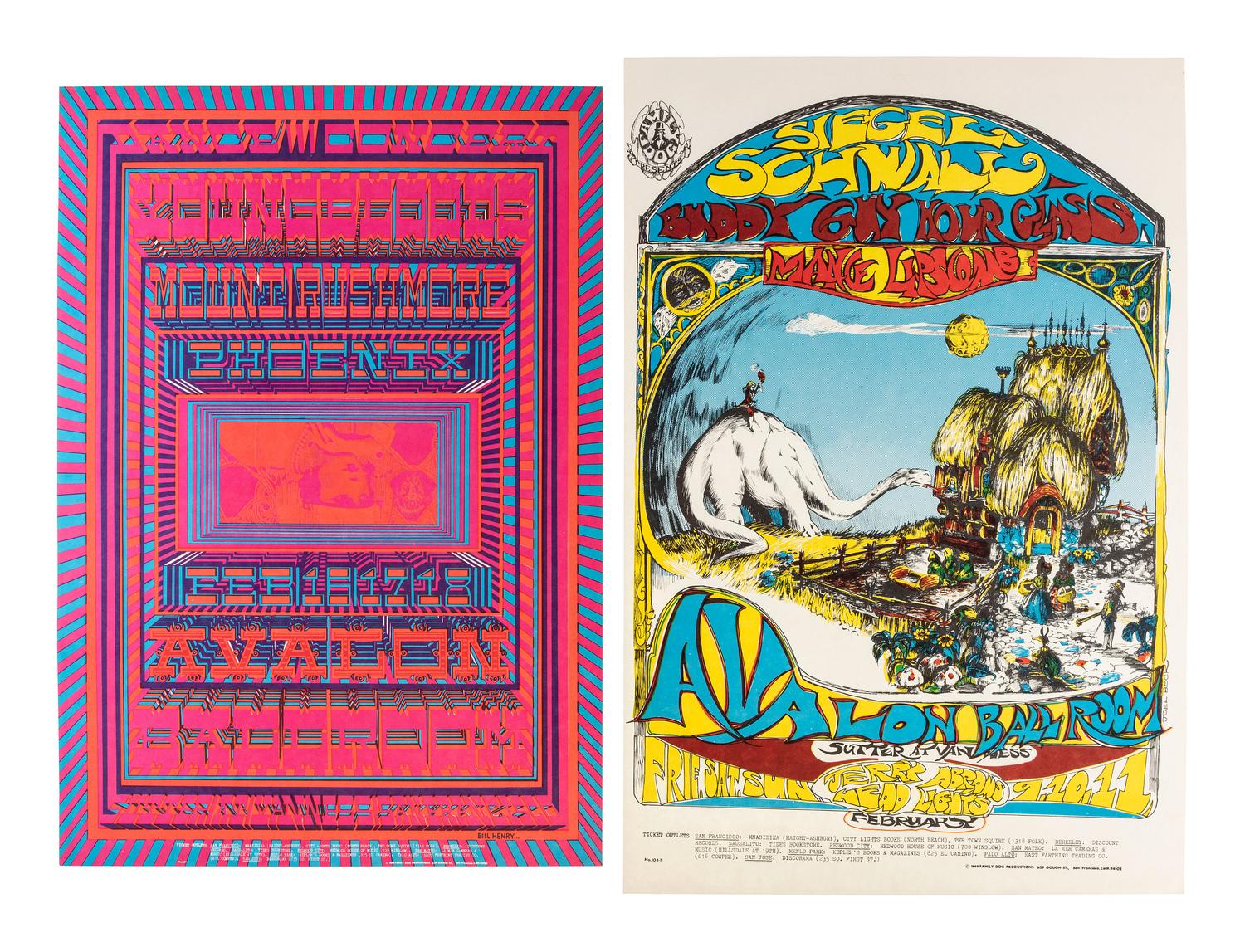 [MUSIC] -- [POSTERS]. GRIFFIN, Rick, FRIED, Robert, MOUSE, Stanley, KELLEY, Alton, MOSCOSO, Victor, artists. A group of 8 Family Dog posters from 1968, comprising: