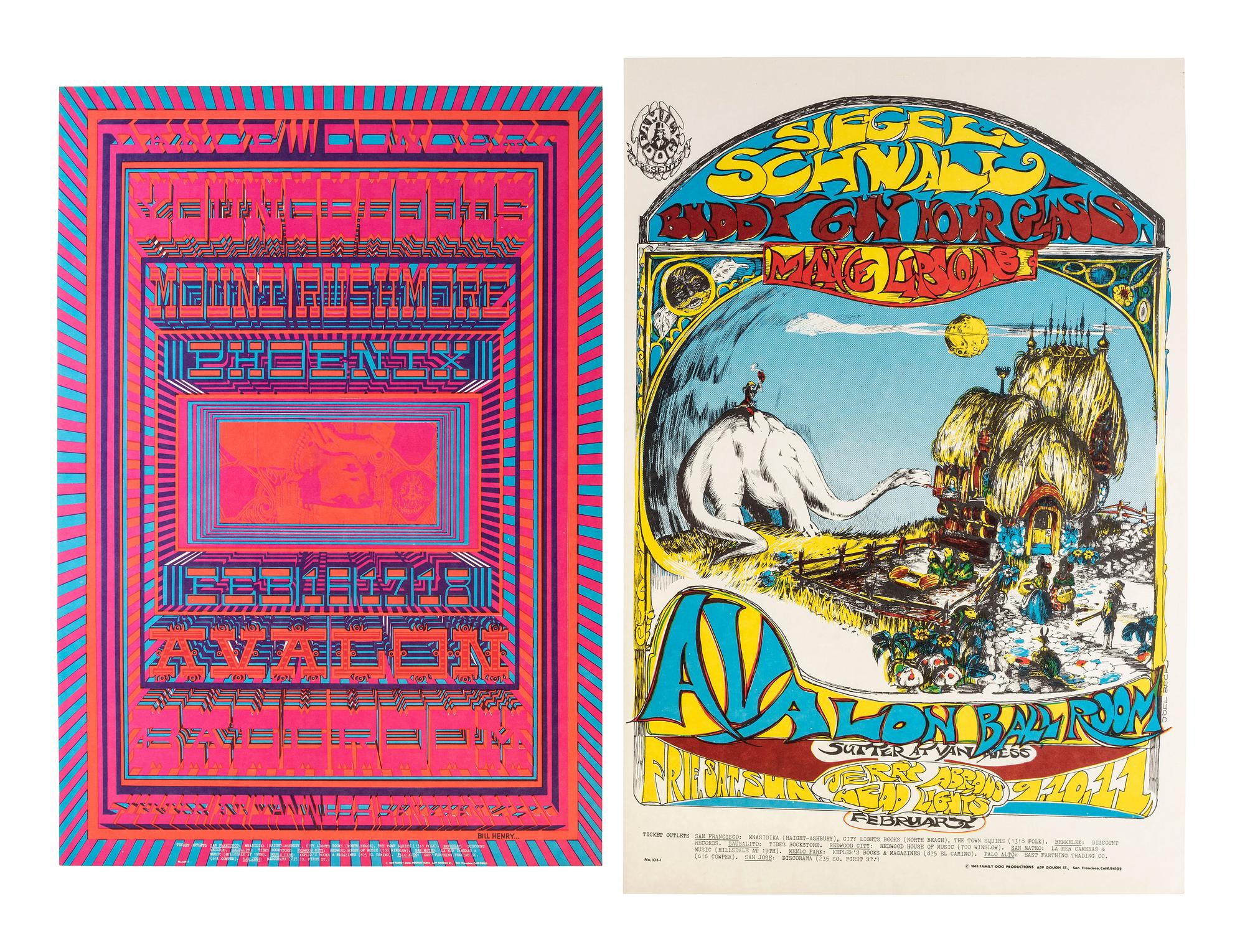 [MUSIC] -- [POSTERS]. GRIFFIN, Rick, FRIED, Robert, MOUSE, Stanley, KELLEY, Alton, MOSCOSO, Victor, artists. A group of 8 Family Dog posters from 1968, comprising: