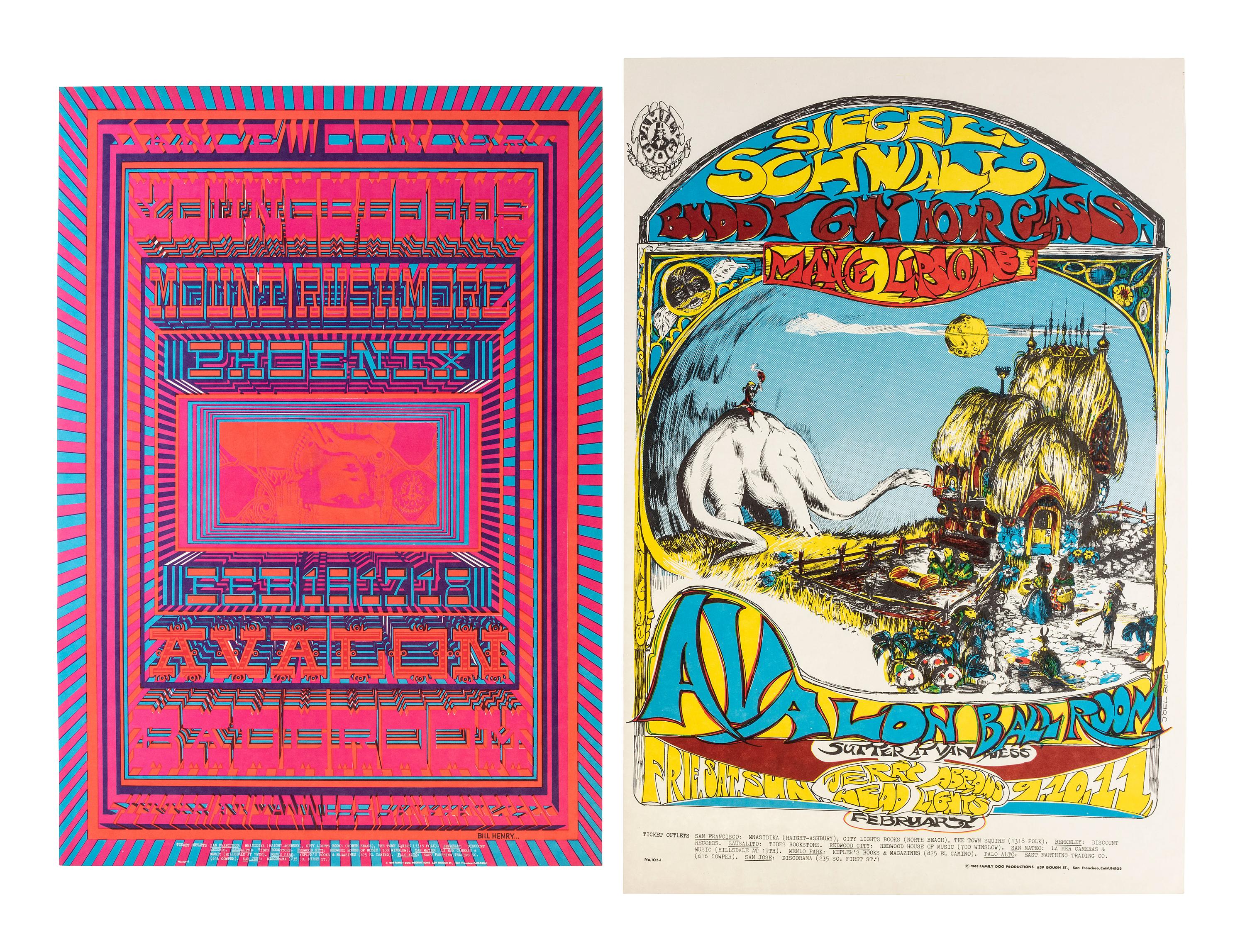 [MUSIC] -- [POSTERS]. GRIFFIN, Rick, FRIED, Robert, MOUSE, Stanley, KELLEY, Alton, MOSCOSO, Victor, artists. A group of 8 Family Dog posters from 1968, comprising: