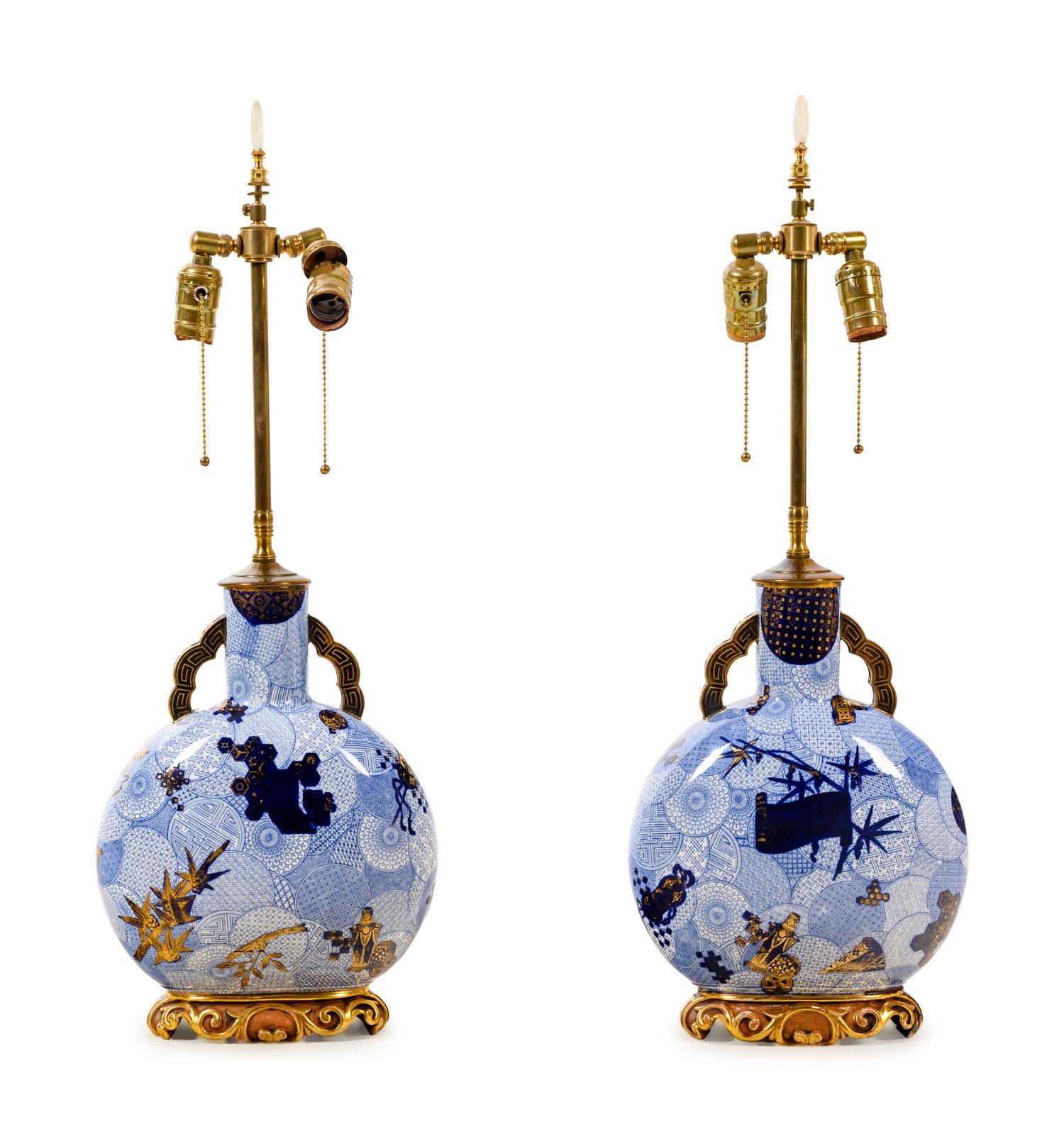 A Pair of Japanese Gilt Metal Mounted Porcelain Vases Mounted as Lamps