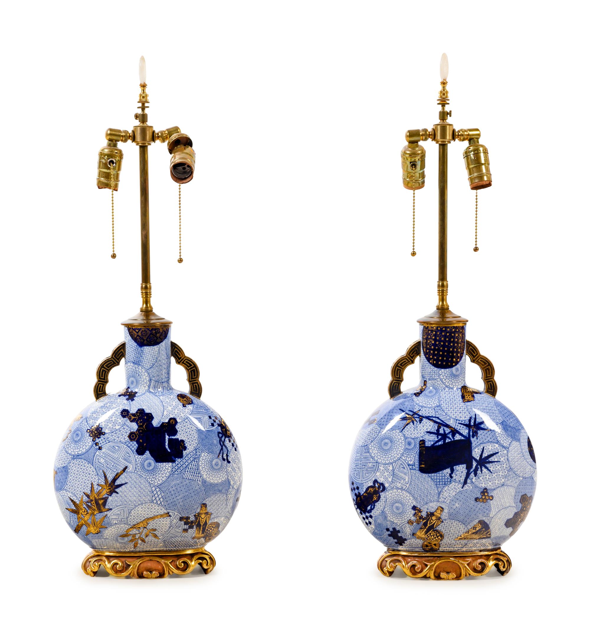 A Pair of Japanese Gilt Metal Mounted Porcelain Vases Mounted as Lamps