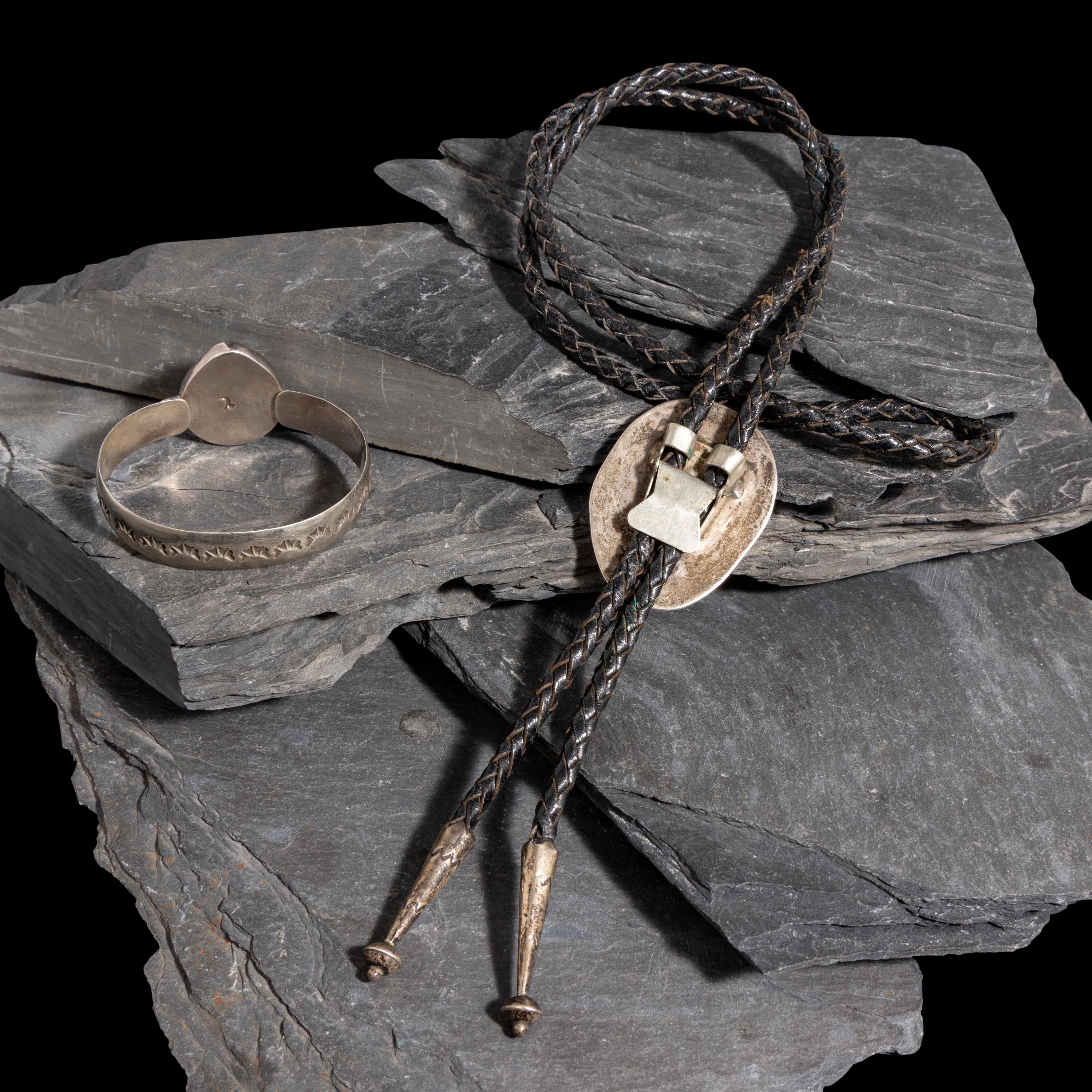 Harvey Chavarria (Santa Clara, 1943-1991) — Silver and Turquoise Bracelet and Bolo Tie