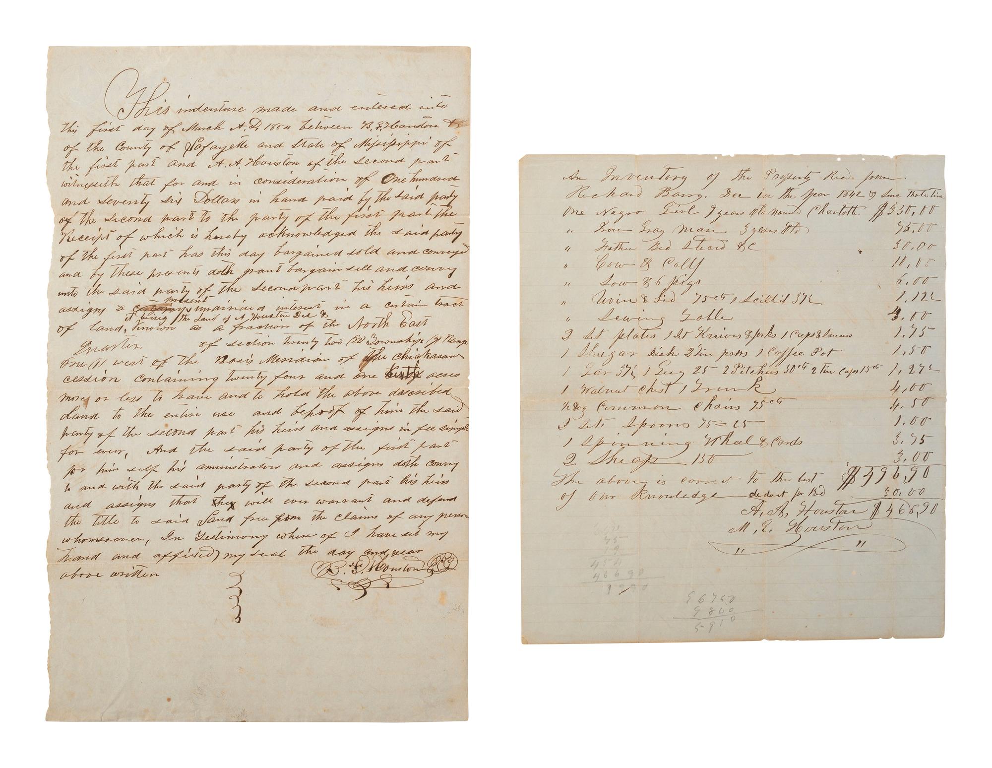 [ENSLAVEMENT & ABOLITION]. 2 documents from Lafayette County, MS, incl. an 1842 inventory listing one enslaved young female subject and an 1854 land deed referencing the Chickasaw Cession.
