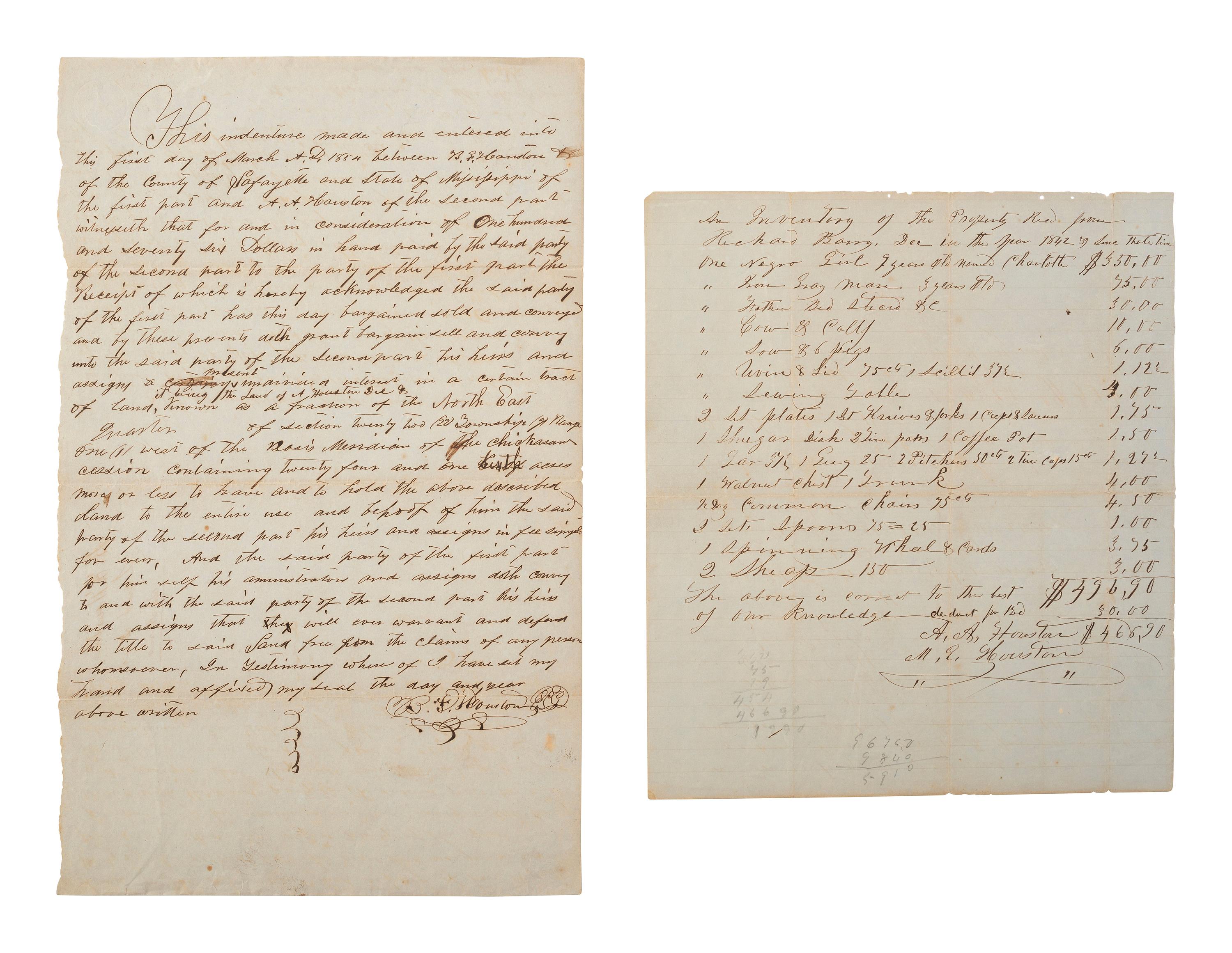 [ENSLAVEMENT & ABOLITION]. 2 documents from Lafayette County, MS, incl. an 1842 inventory listing one enslaved young female subject and an 1854 land deed referencing the Chickasaw Cession.