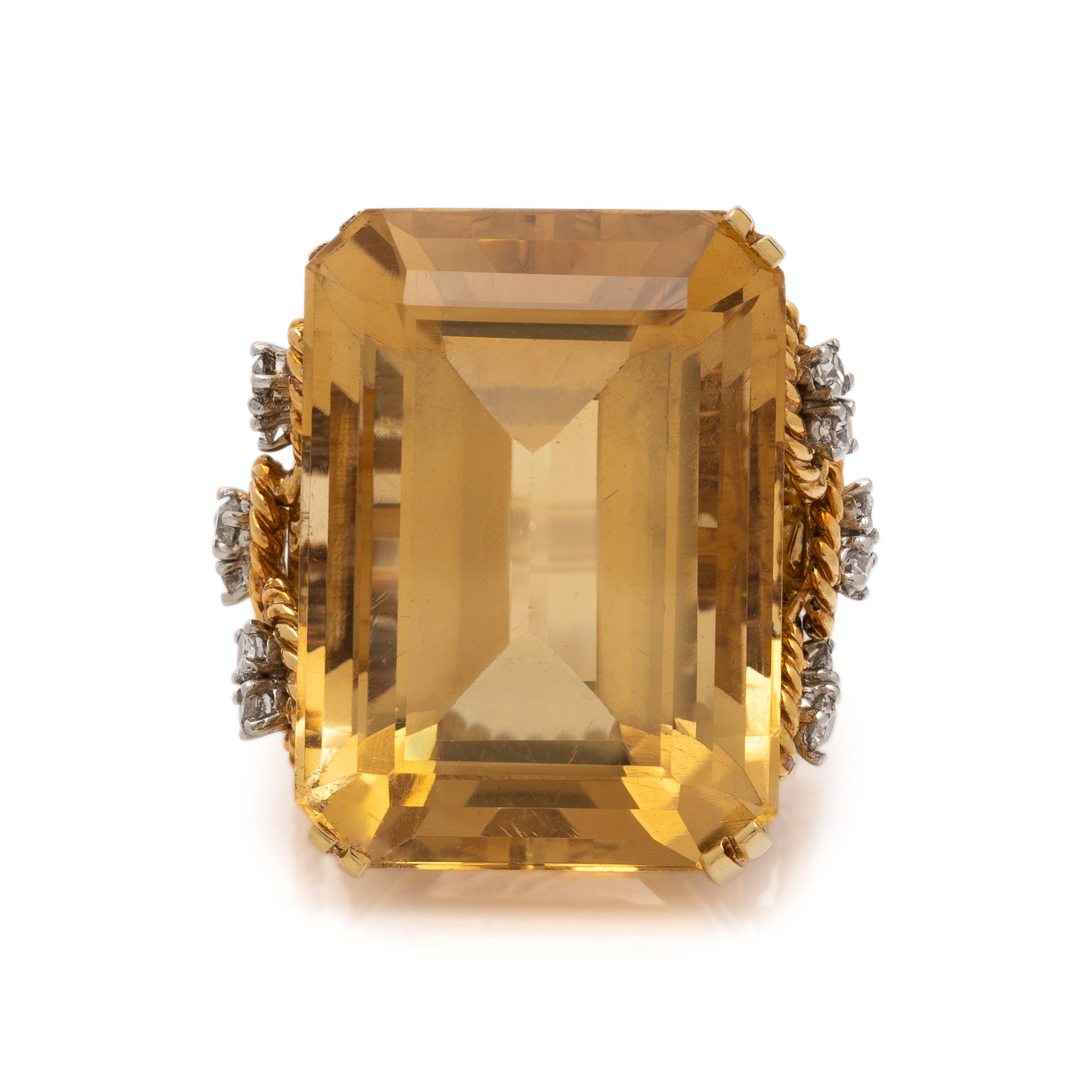 CITRINE, DIAMOND, AND YELLOW GOLD RING