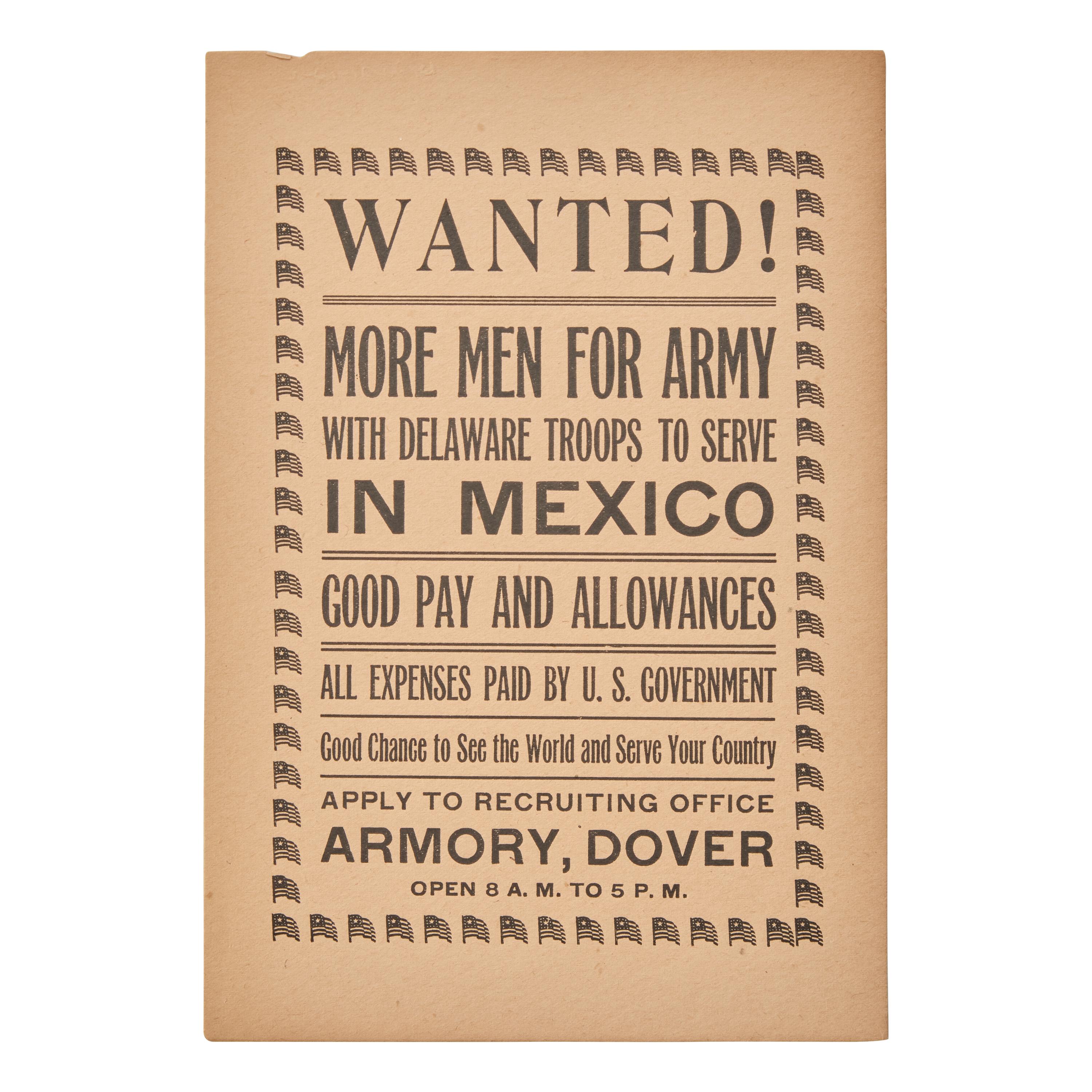 [Villa, Pancho] Rare Enlistment Poster During the American "Punitive Expedition" of 1916 Against Mexican Revolutionaries
