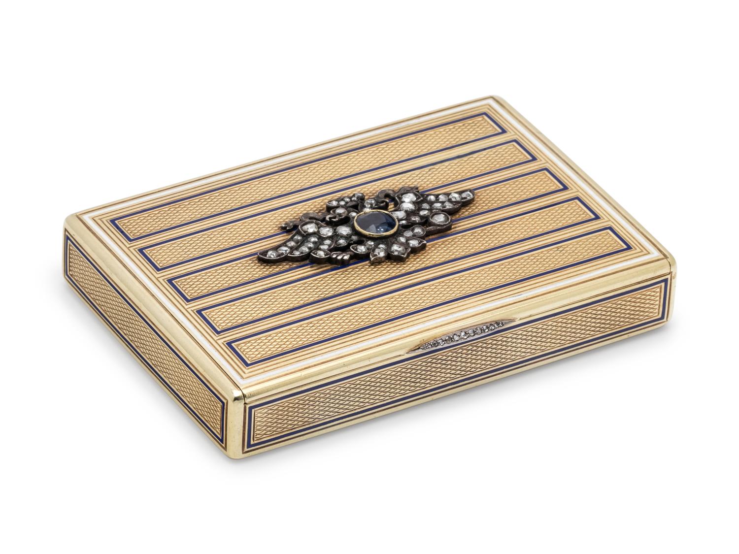 A Russian Yellow Gold, Enamel, Diamond and Sapphire Mounted Snuff Box