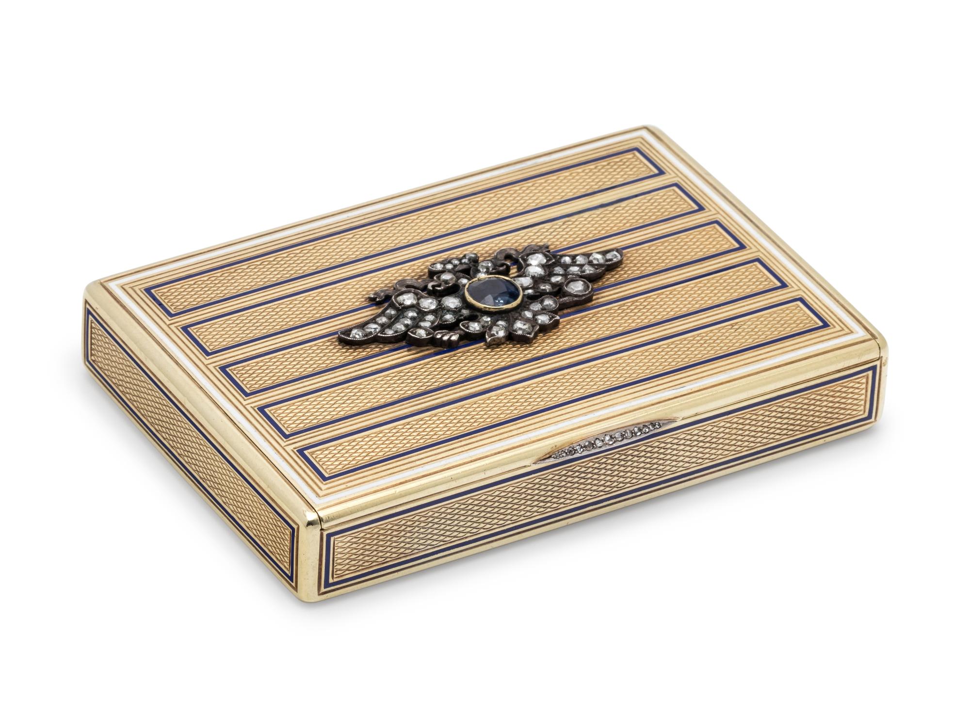 A Russian Yellow Gold, Enamel, Diamond and Sapphire Mounted Snuff Box