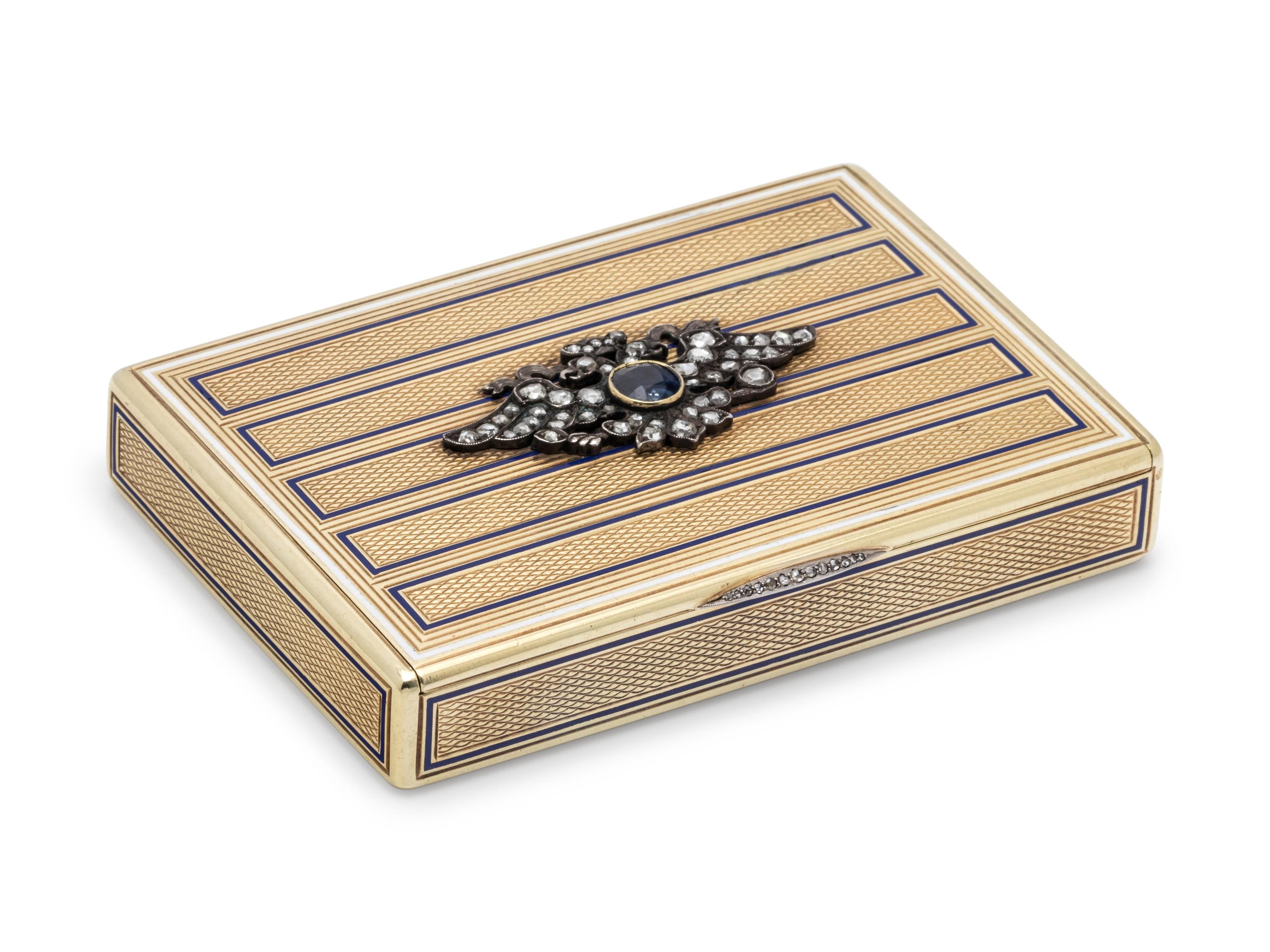 A Russian Yellow Gold, Enamel, Diamond and Sapphire Mounted Snuff Box
