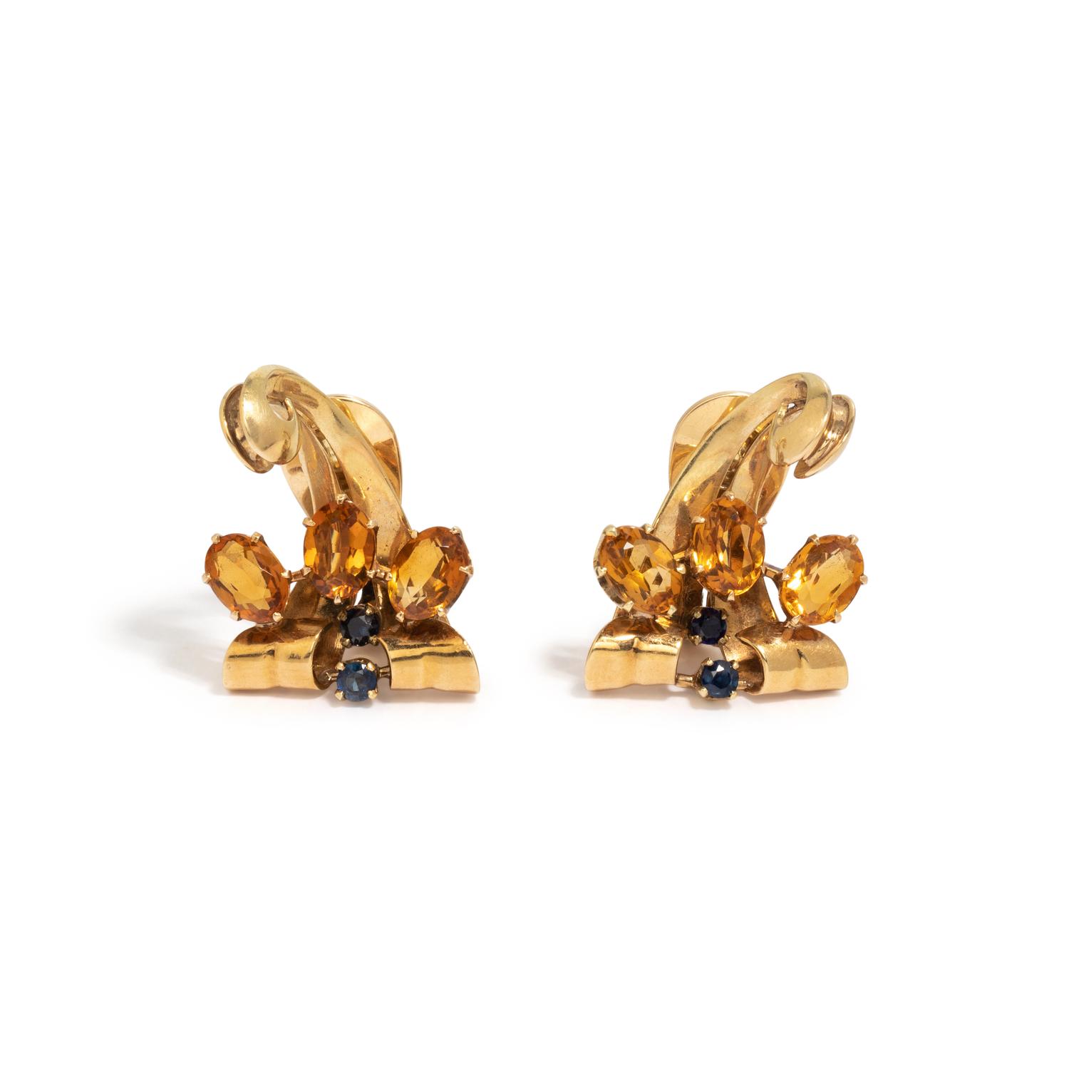 RETRO, CITRINE AND SAPPHIRE EARCLIPS