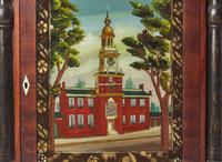 A rare painted, stenciled and mahogany "Independence Hall" mantel clock, bears printed label of Chauncey Boardman & Joseph Wells, Bristol, CT, circa 1830