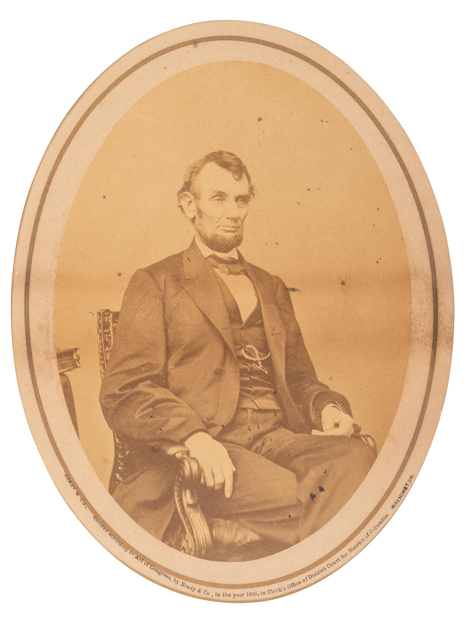 [LINCOLN, Abraham (1809-1865]. [BERGER, Anthony, photographer]. Photograph of Abraham Lincoln. Washington, DC: Brady & Co., 1865.