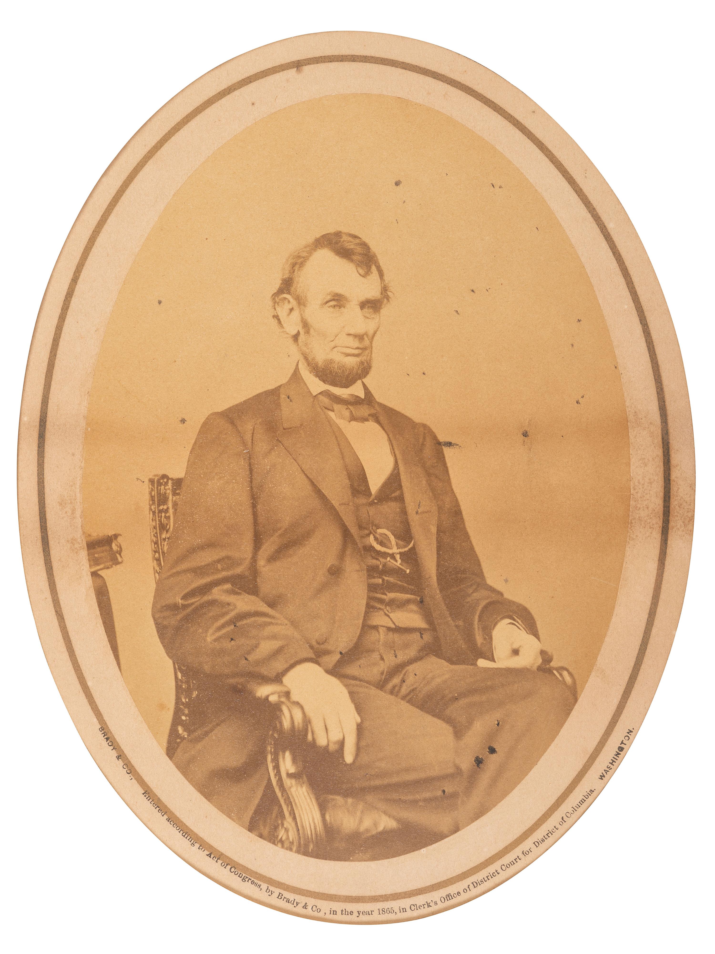 [LINCOLN, Abraham (1809-1865]. [BERGER, Anthony, photographer]. Photograph of Abraham Lincoln. Washington, DC: Brady & Co., 1865.