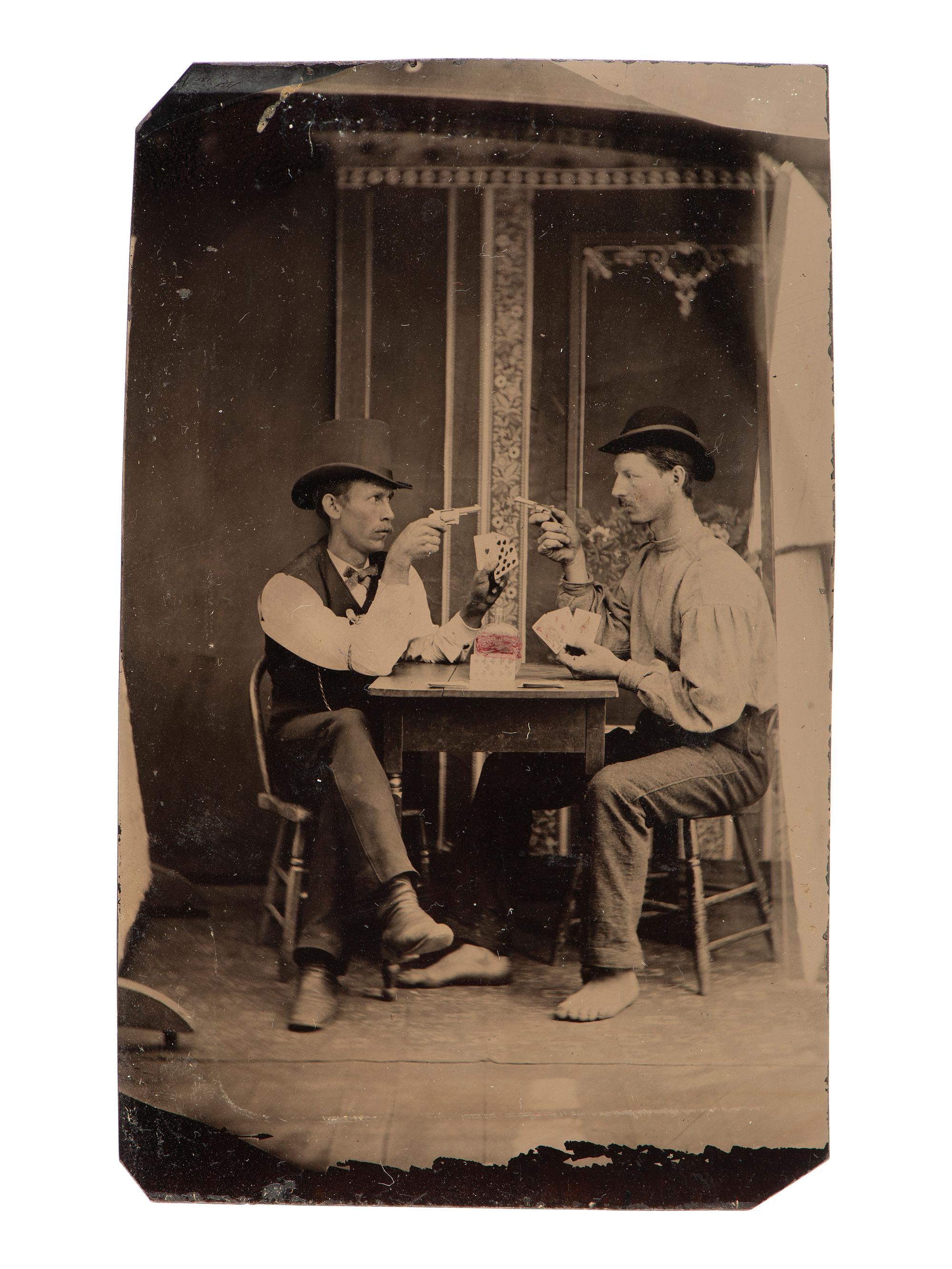 [WESTERN AMERICANA]. 5 tintypes of men playing cards and gambling, incl. gunslingers.