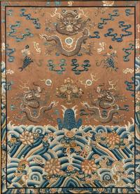 A Large Ochre Ground Embroidered Silk 'Dragon' Panel