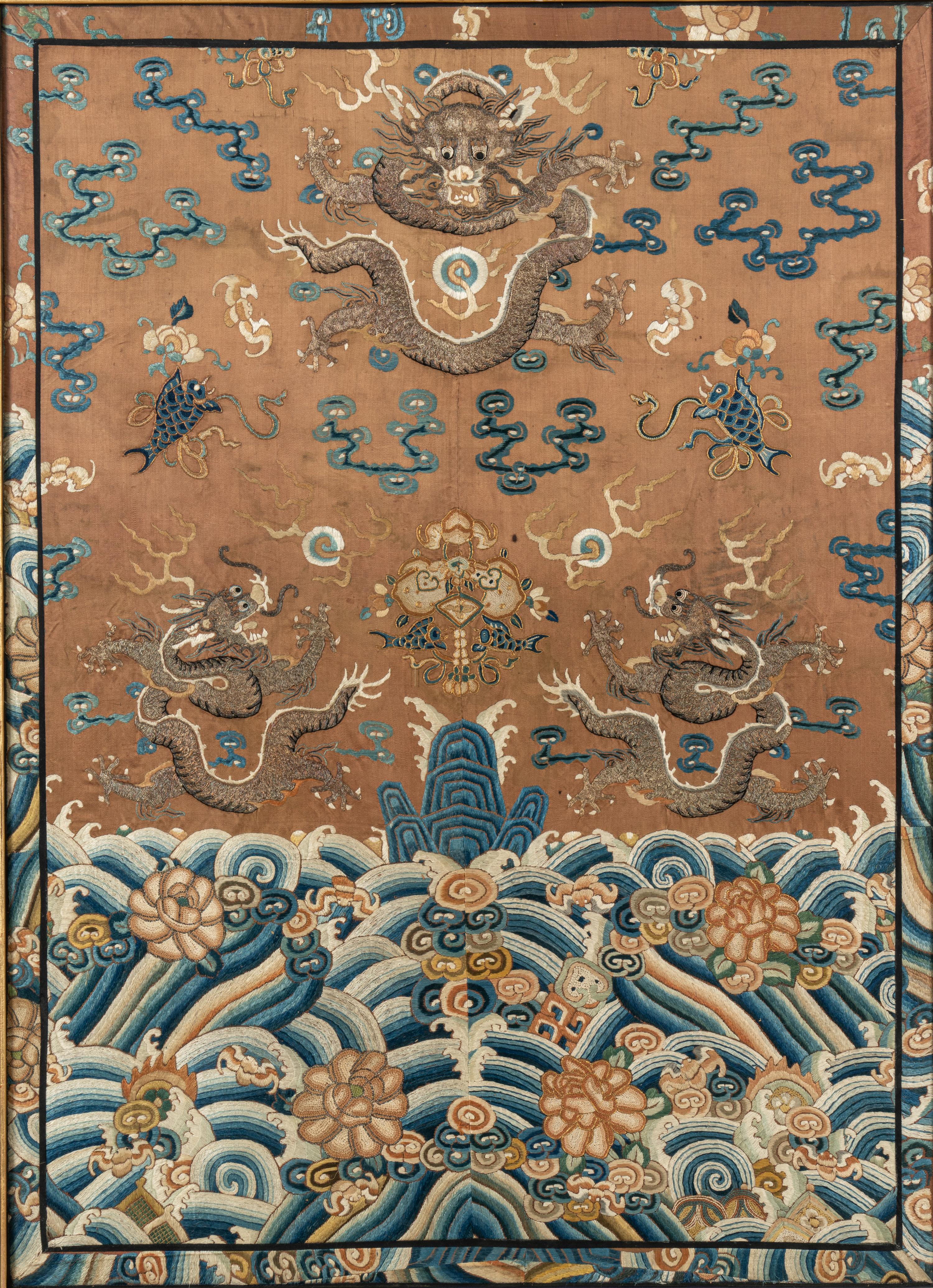 A Large Ochre Ground Embroidered Silk 'Dragon' Panel