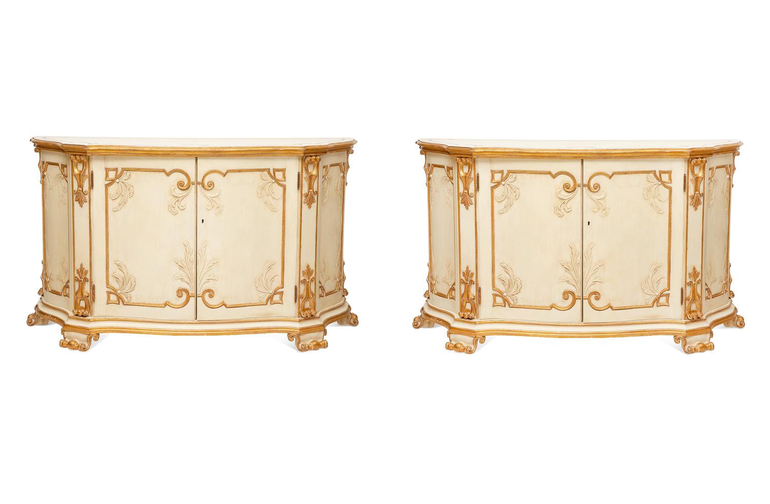 A Pair of Painted and Parcel Gilt Serpentine-Front Cabinets