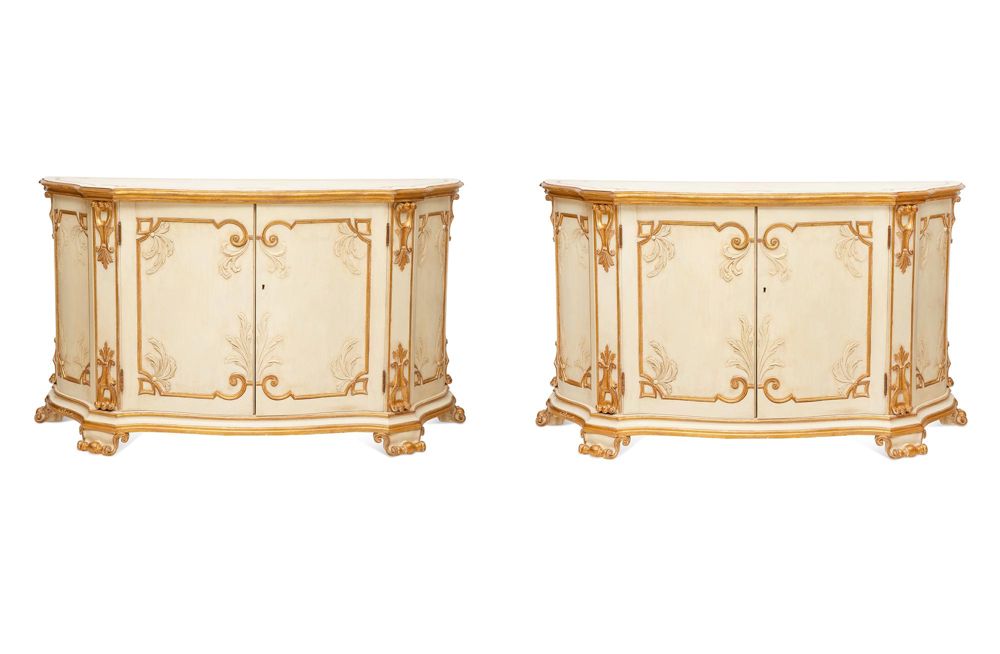A Pair of Painted and Parcel Gilt Serpentine-Front Cabinets