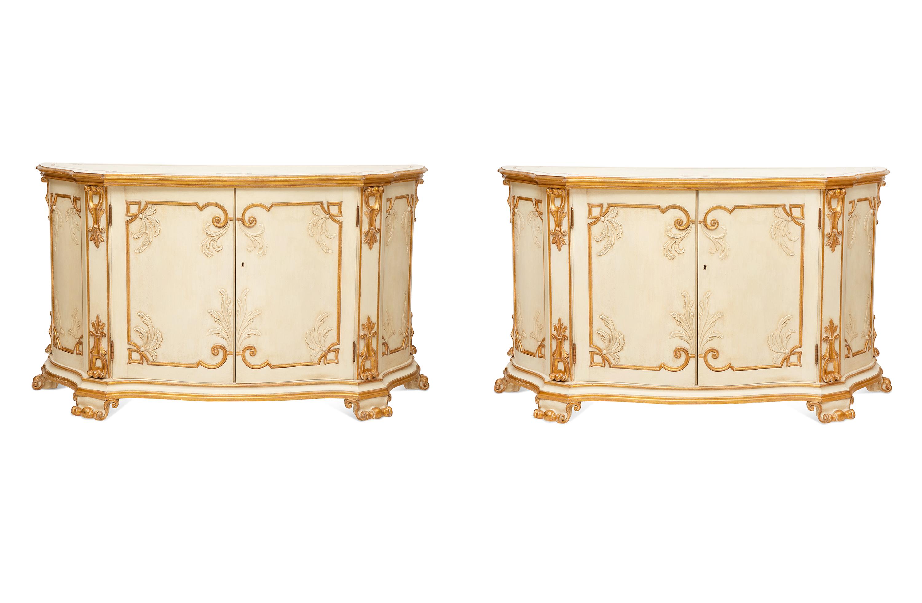 A Pair of Painted and Parcel Gilt Serpentine-Front Cabinets