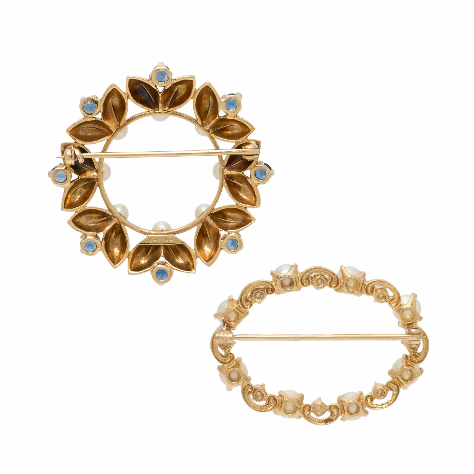 Two Yellow Gold and Cultured Pearl Brooches