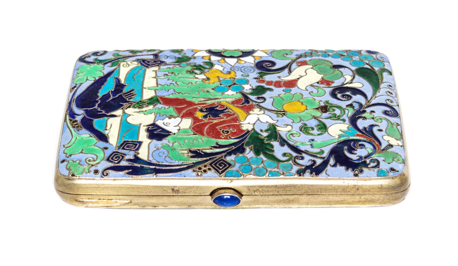 A Russian Enameled Silver Cigarette Case, possibly Demitri Serebrenikov, 1908-1926, of rectangular form with polychrome falconer decora