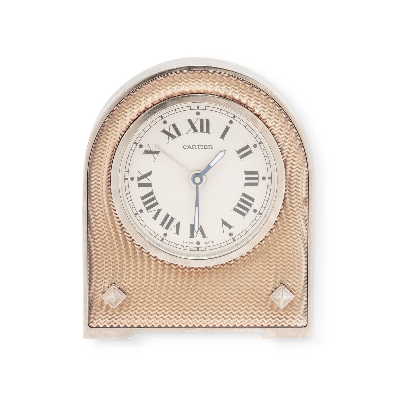 CARTIER, STAINLESS STEEL AND GUILLOCHE ENAMEL DESK CLOCK