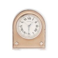 CARTIER, STAINLESS STEEL AND GUILLOCHE ENAMEL DESK CLOCK