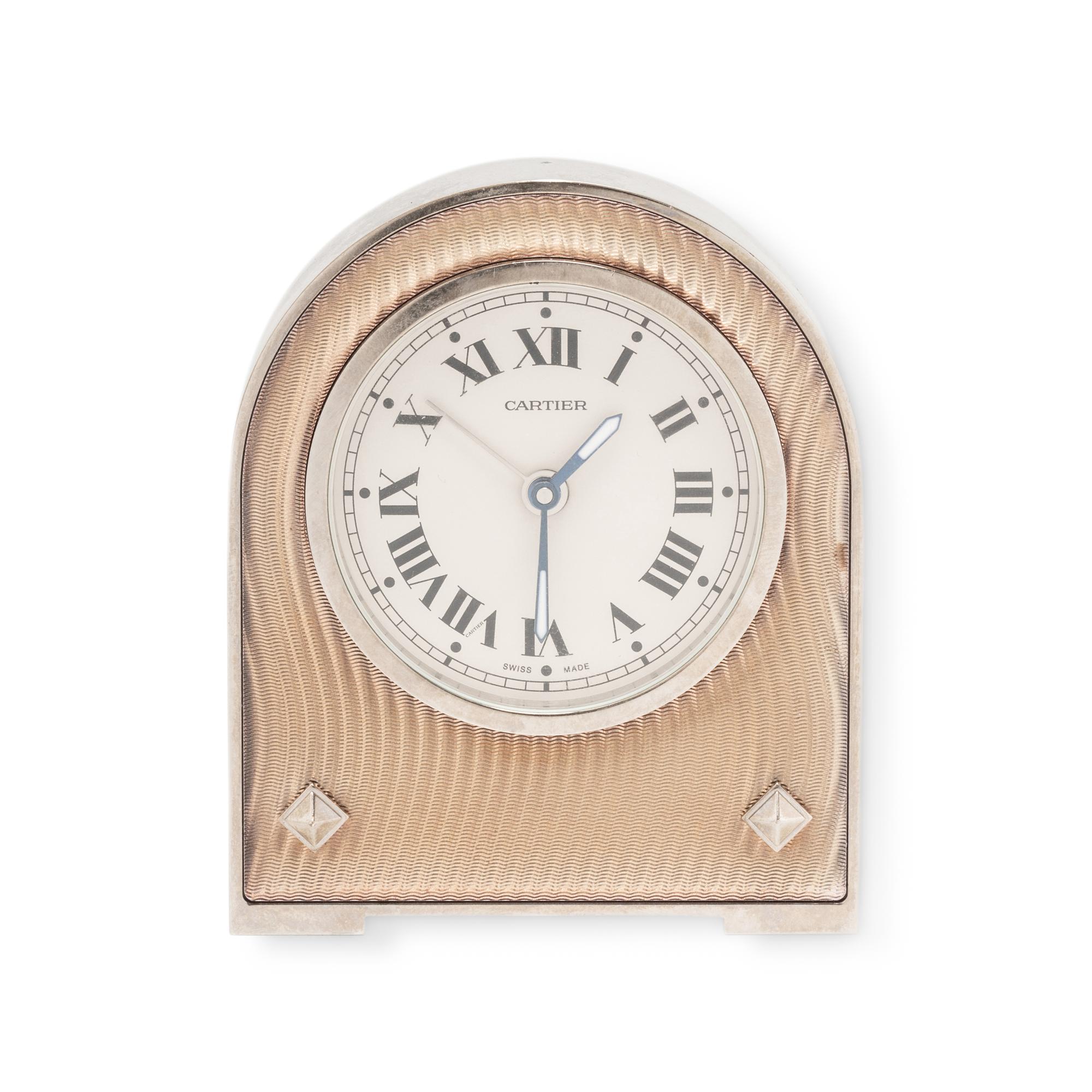 CARTIER, STAINLESS STEEL AND GUILLOCHE ENAMEL DESK CLOCK