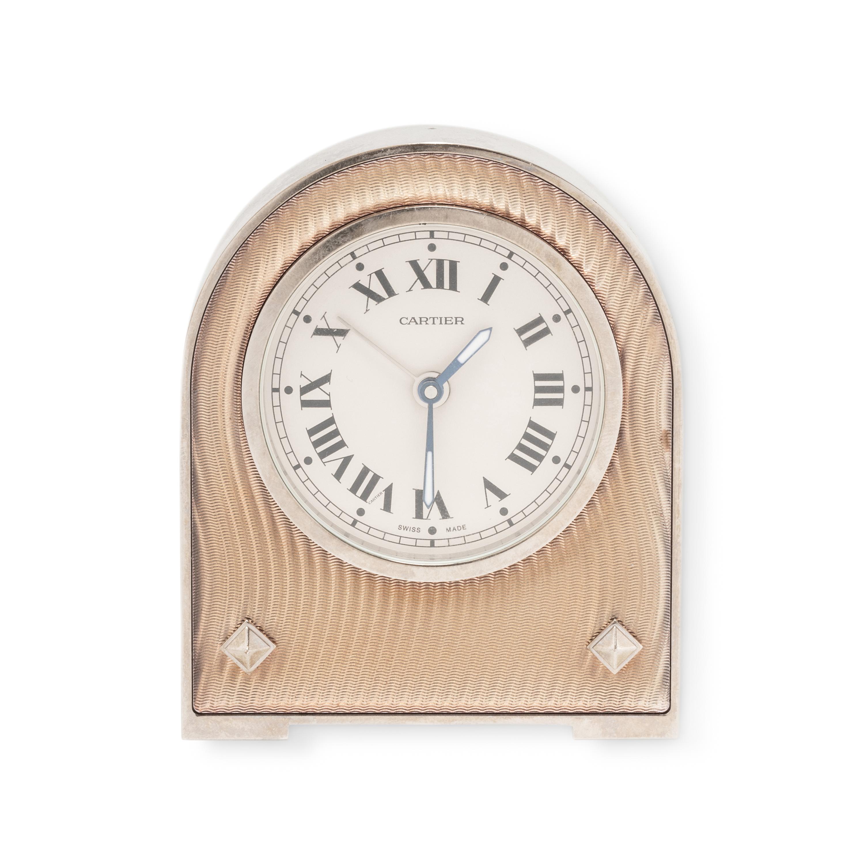 CARTIER, STAINLESS STEEL AND GUILLOCHE ENAMEL DESK CLOCK