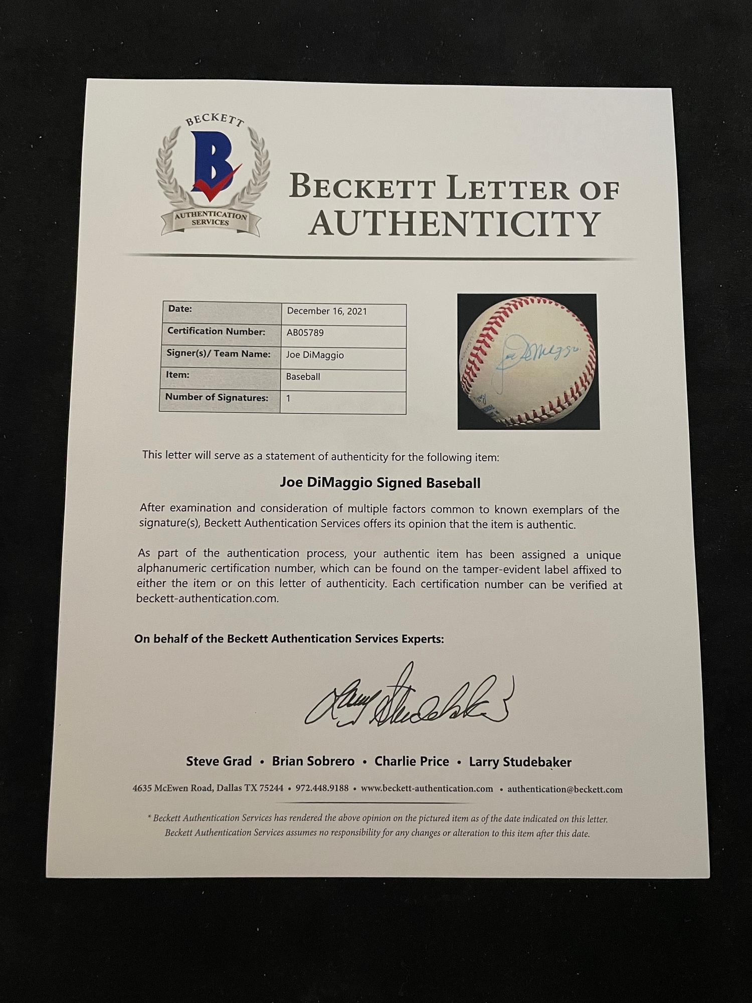 A Group of Joe DiMaggio Signed Autograph Items (Beckett Authentication Services BAS Certified)