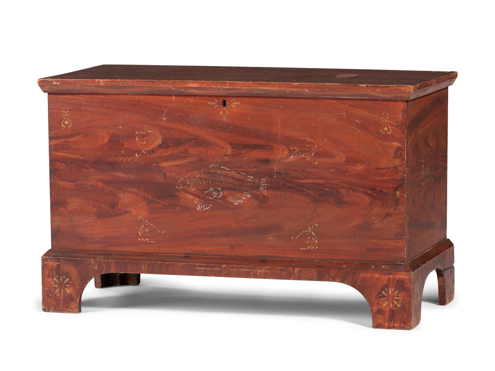 A Country Classical Grain Painted and Stencil Decorated Poplar Blanket Chest