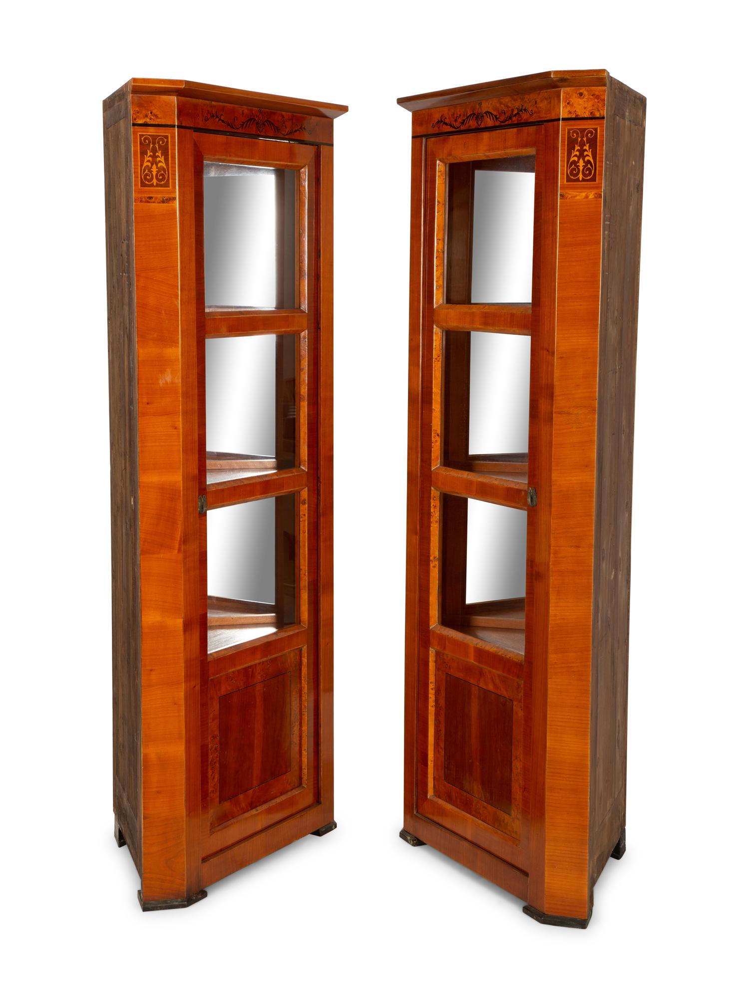 A Pair of Biedermeier Bird's Eye Maple and Walnut Corner Cabinets — Mid-19th Century