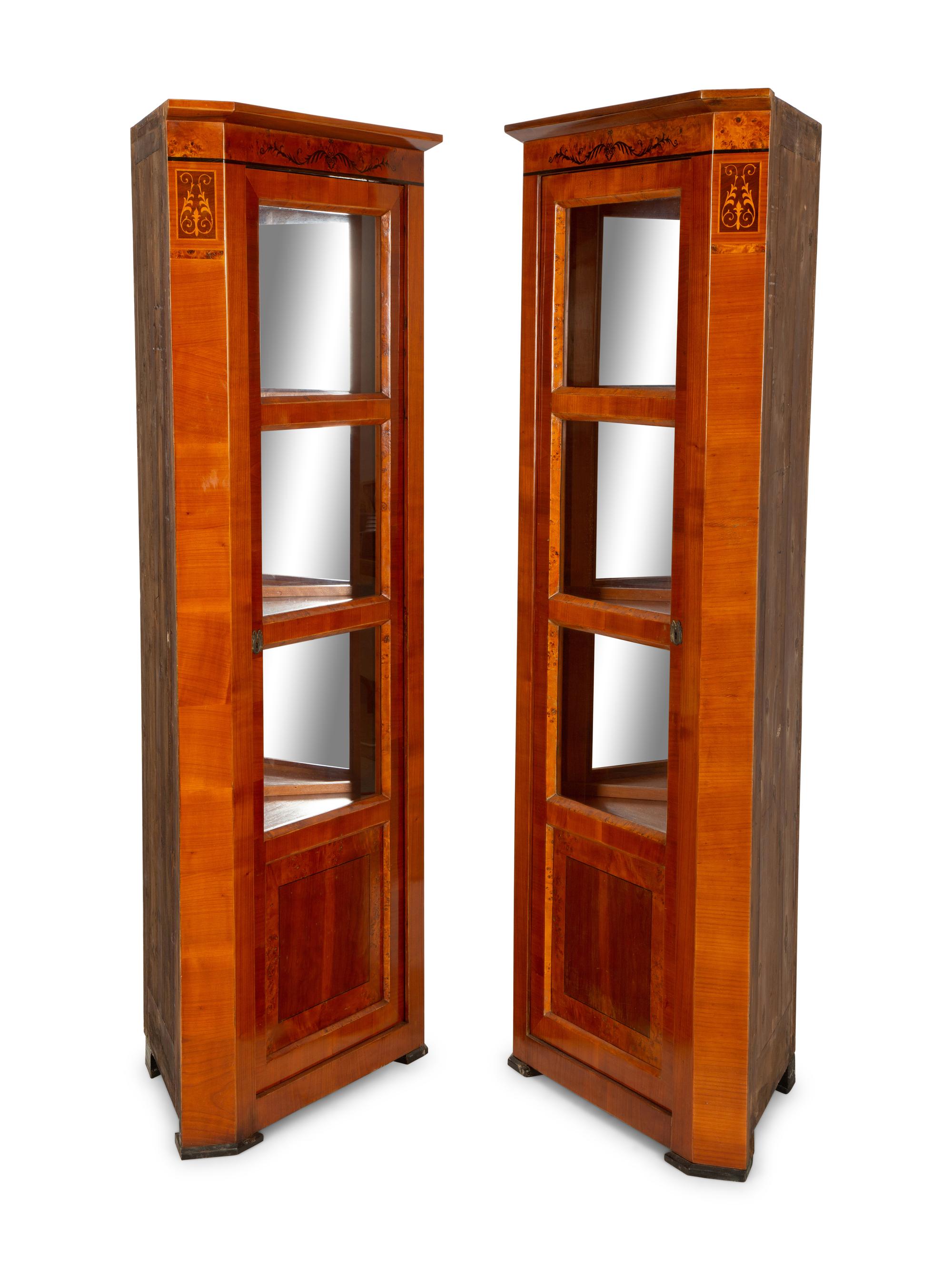 A Pair of Biedermeier Bird's Eye Maple and Walnut Corner Cabinets — Mid-19th Century