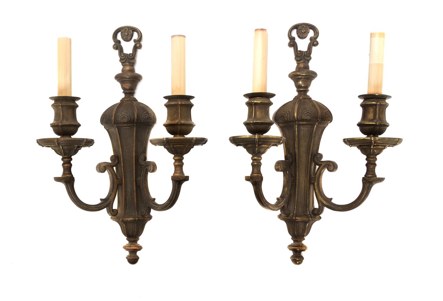 A Pair of Neoclassical Style Brass Two-Light Sconces Height 16 inches. — EARLY 20TH CENTURY