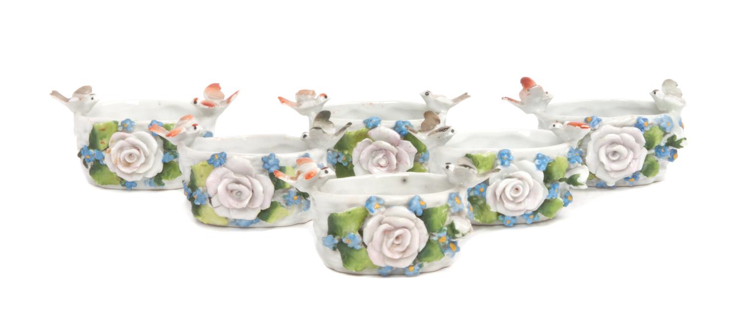 Six Herend Porcelain Floral Baskets Width of each 2 3/4 inches.