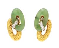 A Pair of 18 Karat Bicolor Gold, Jade and Diamond Earclips, Gianfranco Frattini, 24.15 dwts.