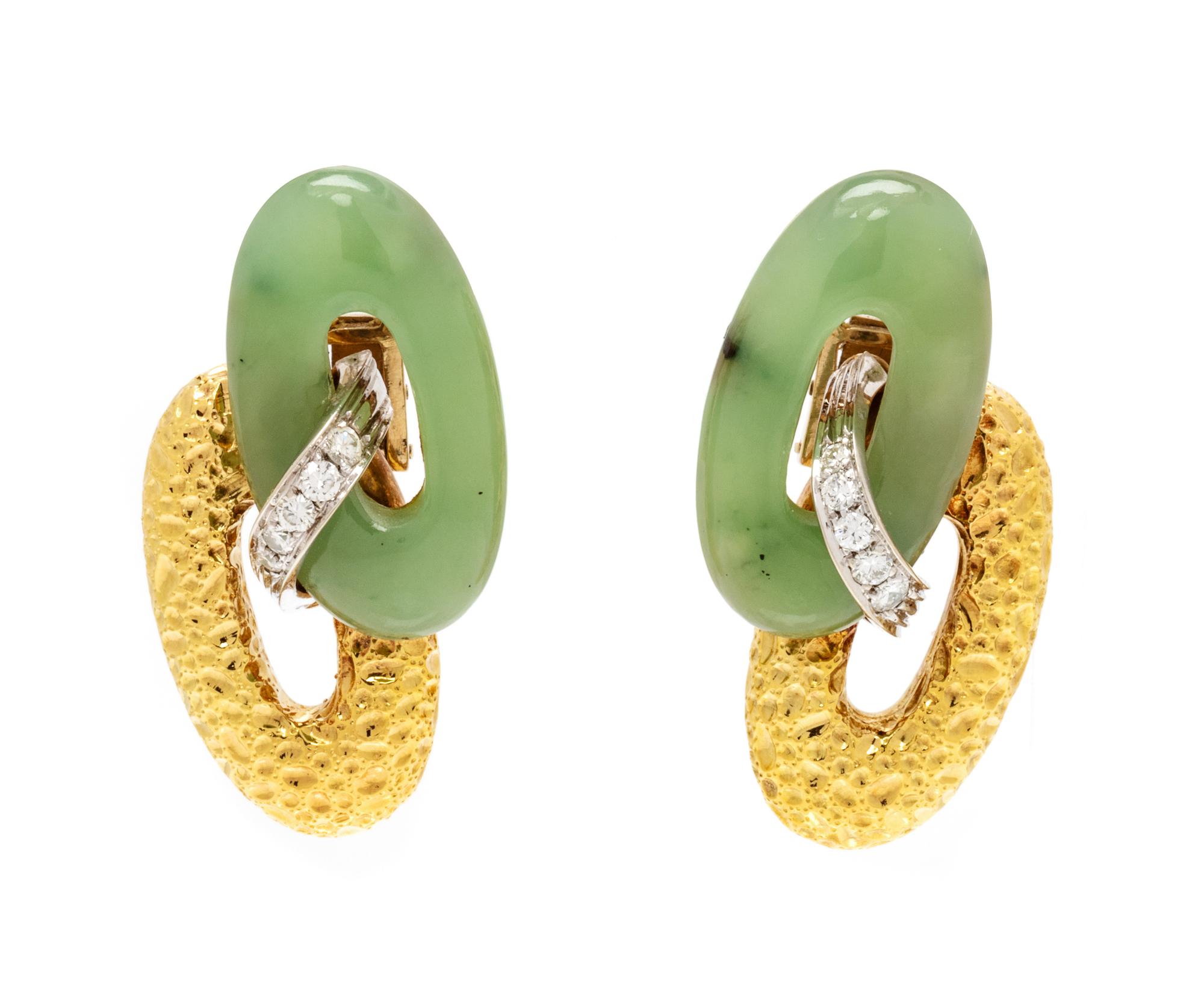 A Pair of 18 Karat Bicolor Gold, Jade and Diamond Earclips, Gianfranco Frattini, 24.15 dwts.