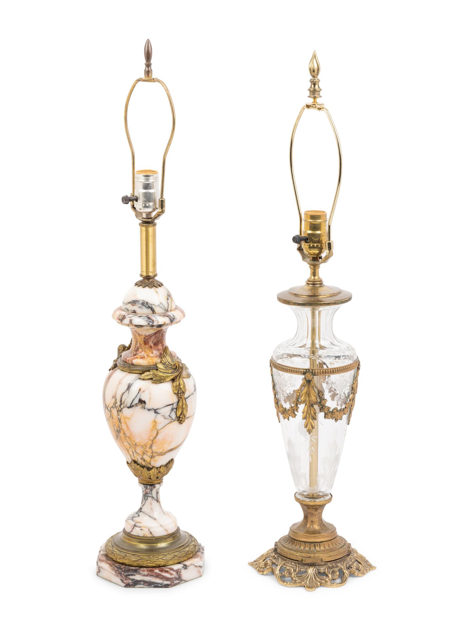 A French Gilt Bronze Mounted Marble Urn and a French Gilt Metal Mounted Cut Glass Vase, Both Mounted as Lamps