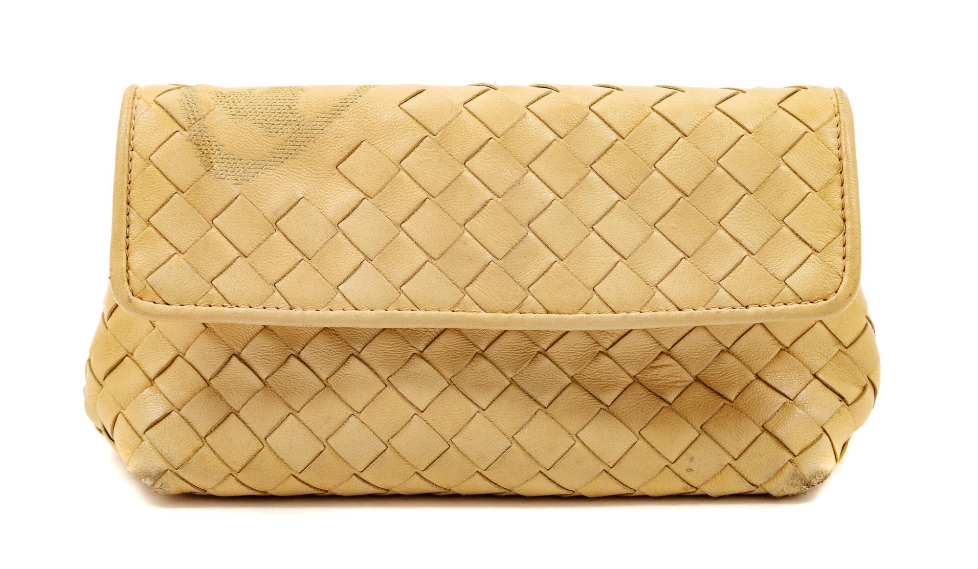Bottega Veneta Tan Butterfly Intrecciato Clutch, 1980-2000s 6" L x 3.5" W x 3.5" H.