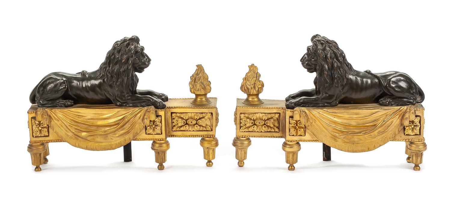 A Pair of French Gilt and Patinated Bronze Chenets Height 12 x width 17 inches. — 19TH CENTURY