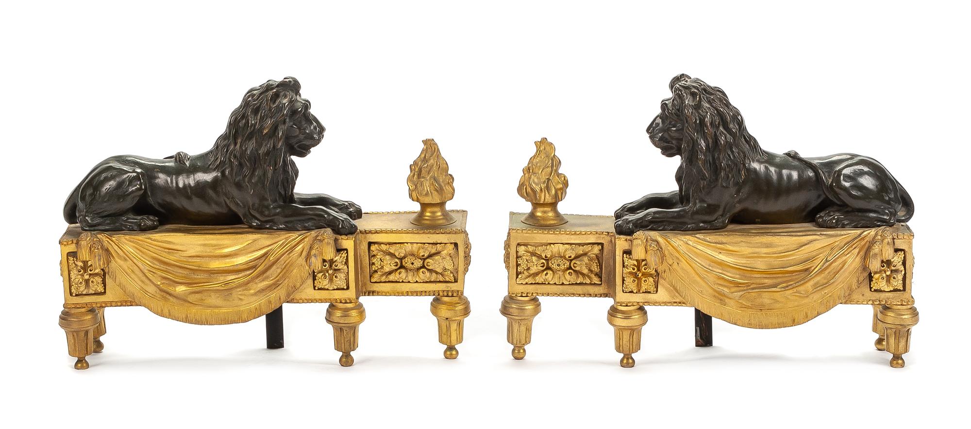 A Pair of French Gilt and Patinated Bronze Chenets Height 12 x width 17 inches. — 19TH CENTURY