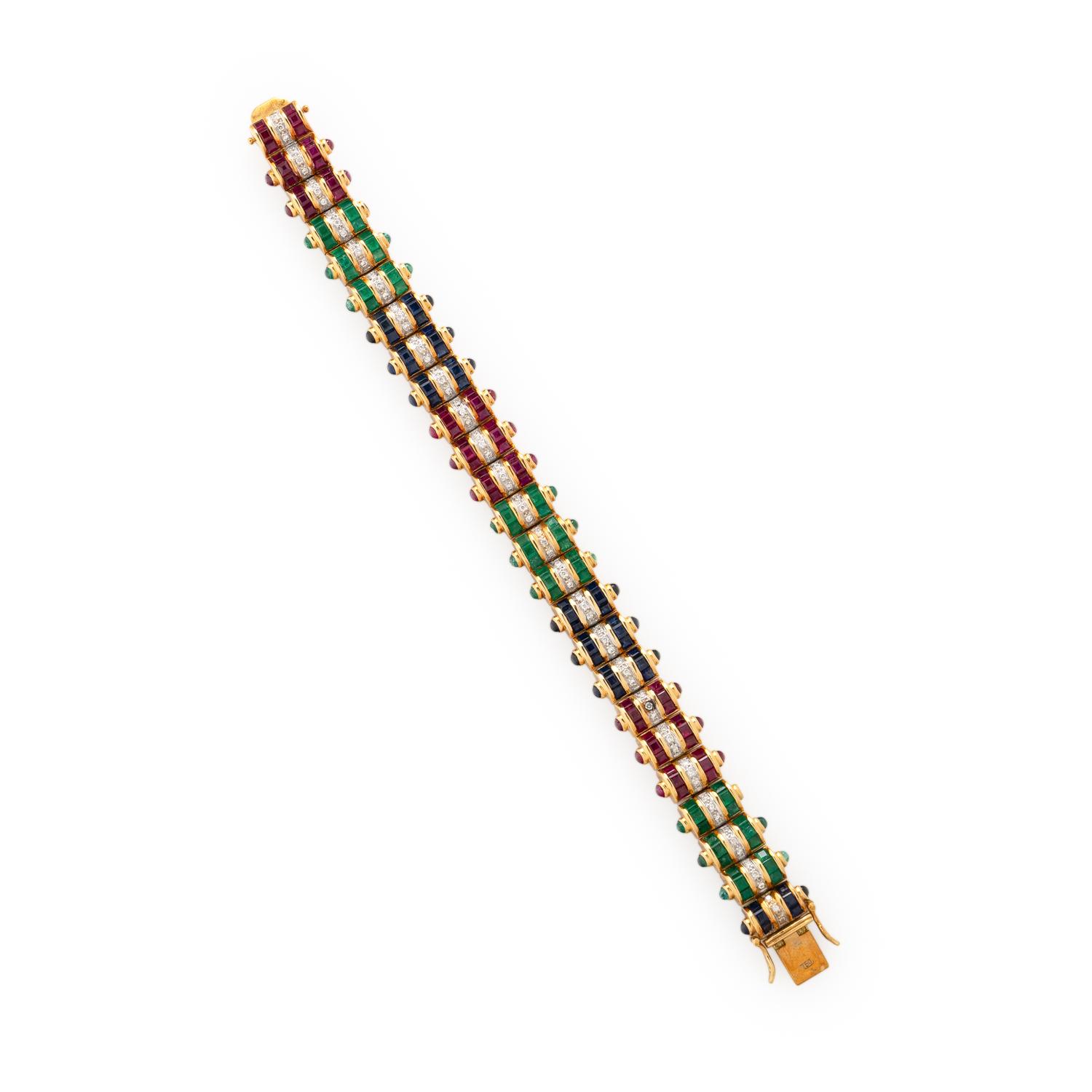 RUBY, EMERALD, SAPPHIRE, DIAMOND, AND YELLOW GOLD BRACELET