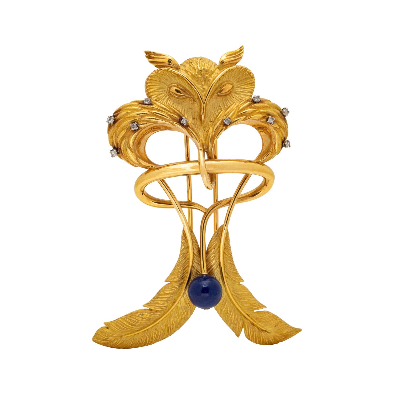 FRENCH, M.C. LALIQUE, YELLOW GOLD, DIAMOND AND BLUE ENAMEL OWL PIN