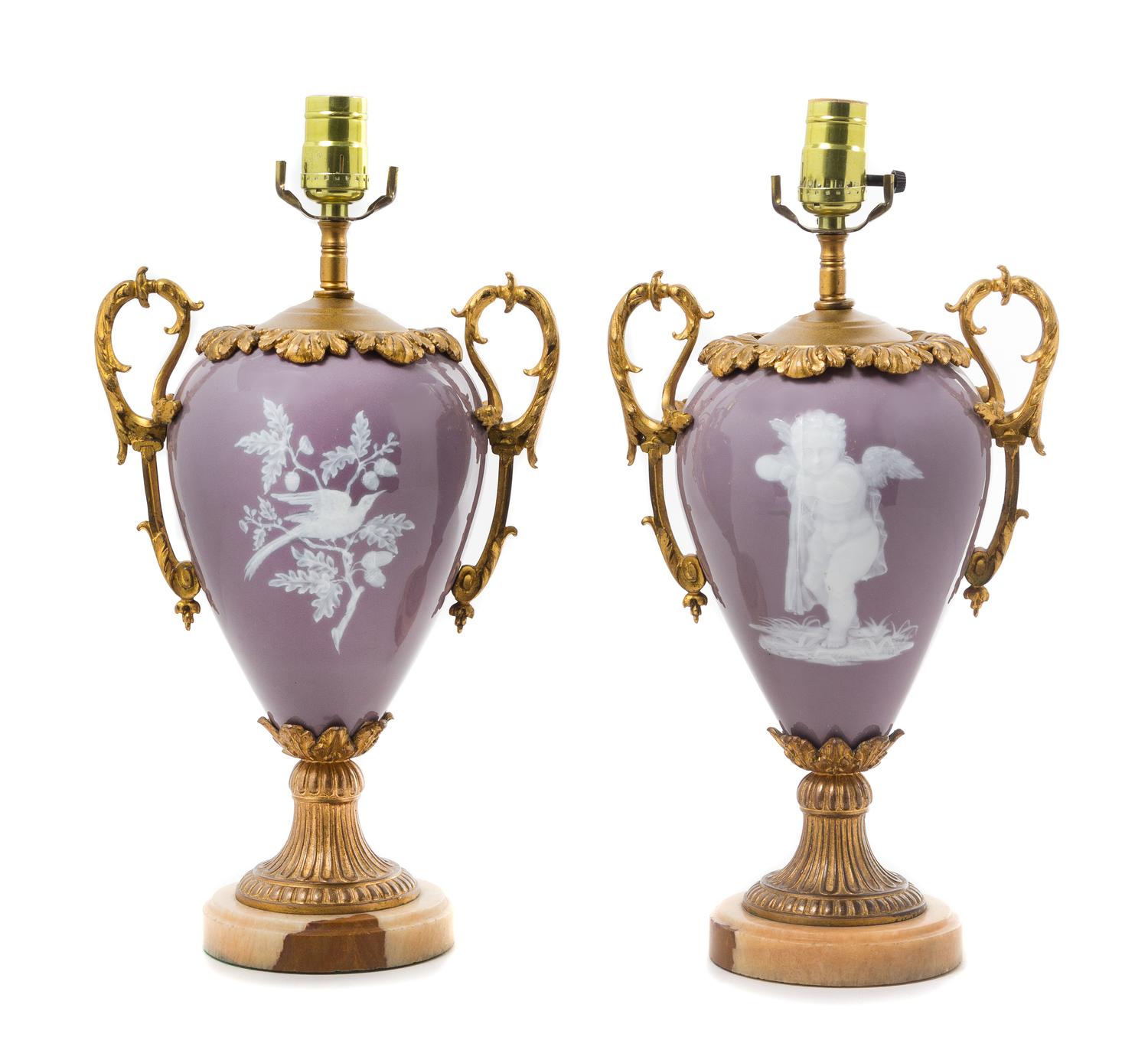 A Pair of French Gilt Bronze Mounted Pate-sur-Pate Porcelain Urns Height overall 17 1/2 inches. — LATE 19TH CENTURY
