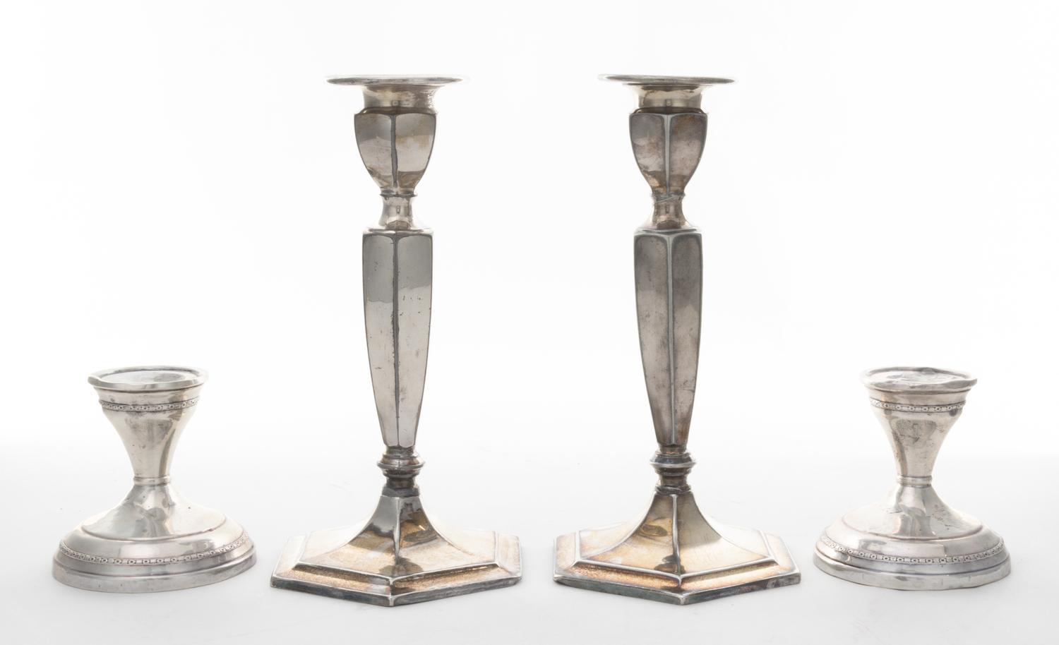 A Pair of American Silver Candlesticks, 20th Century, with banded footrim and collar, together with a silver-plate pair of candlesticks