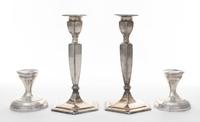 A Pair of American Silver Candlesticks, 20th Century, with banded footrim and collar, together with a silver-plate pair of candlesticks