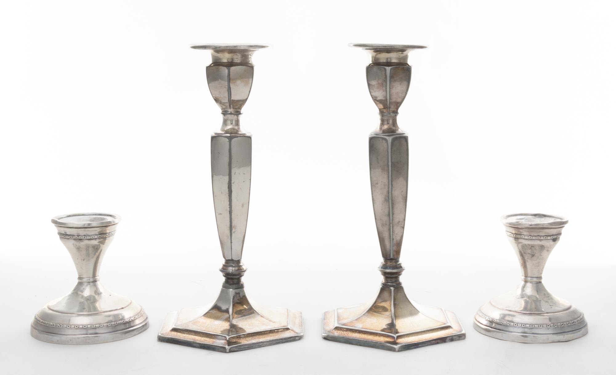 A Pair of American Silver Candlesticks, 20th Century, with banded footrim and collar, together with a silver-plate pair of candlesticks