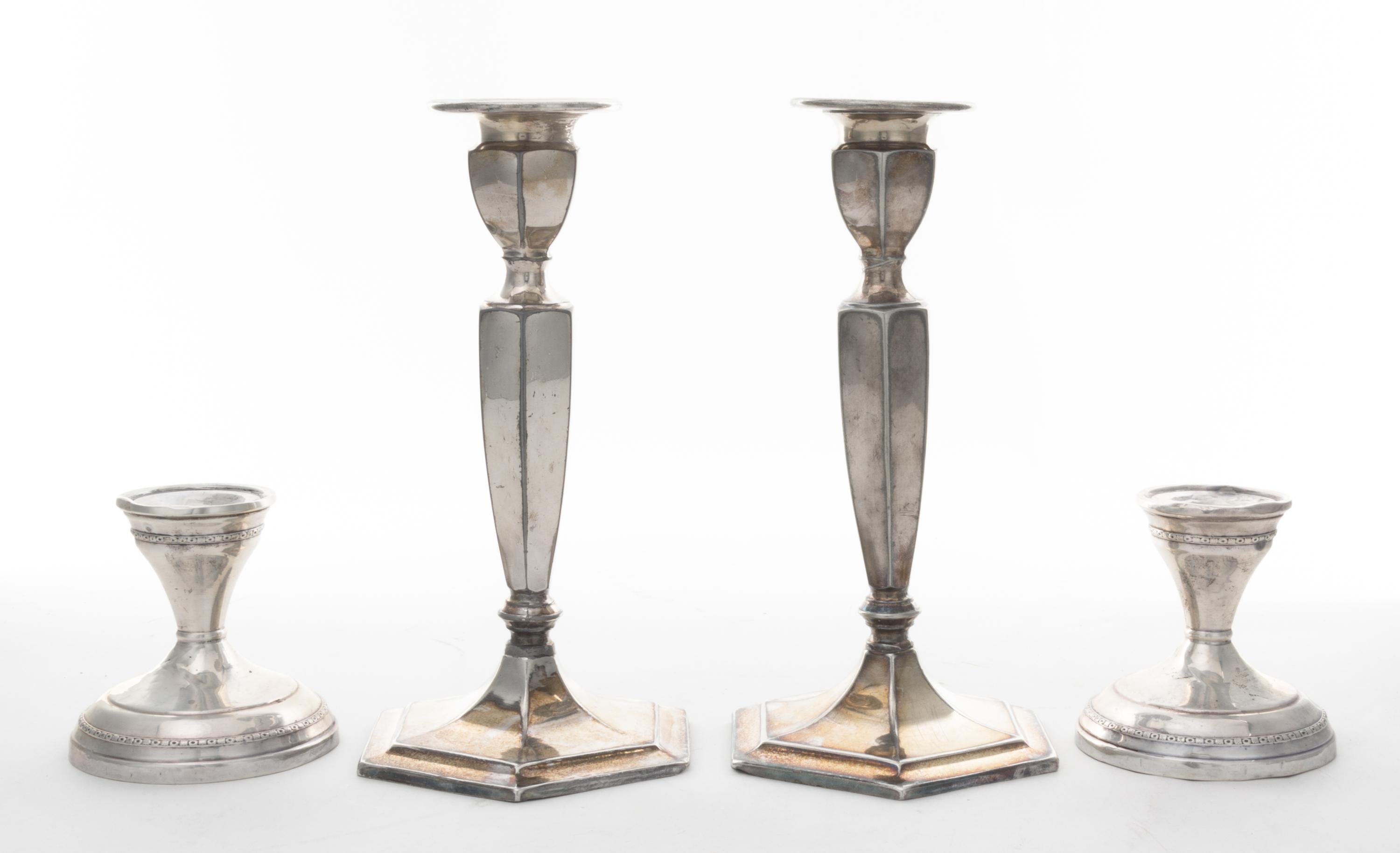 A Pair of American Silver Candlesticks, 20th Century, with banded footrim and collar, together with a silver-plate pair of candlesticks