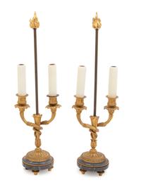 A Pair of Louis XVI Style Gilt Bronze and Marble Two-Light Lamps with Tôle Shades